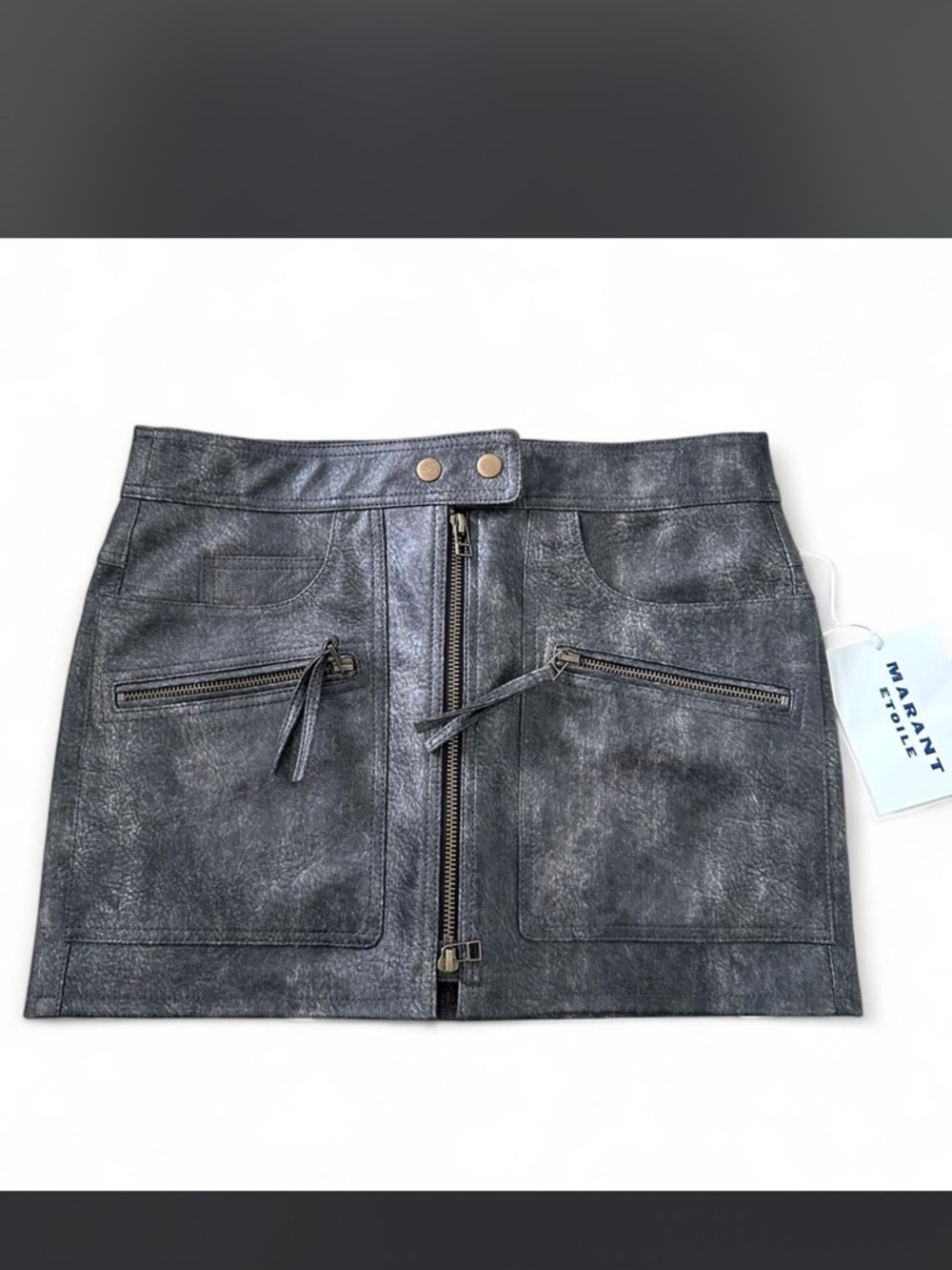 Isabel Marant Distressed Black Leather Zip-Front Mini Skirt